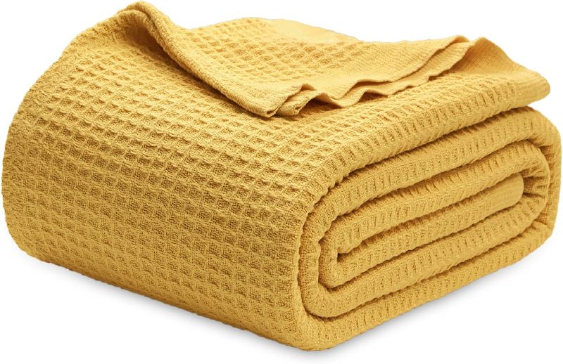 Photo 1 of 100% Cotton Blanket for Full Queen Size Bed - Yellow Waffle Weave Lightweight Summer Bed Blanket - 90x90in Prewashed Breathable, Woven, Layering Blanket (Full/Queen, Marigold)