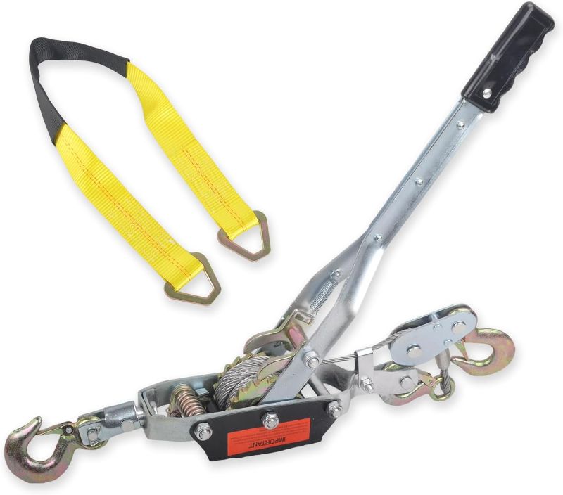 Photo 1 of 5 Ton Heavy Duty 3 Hook Steel Cable Dual Gear Power Puller Come Along Chain Winch Ratchet Tool & 2” x 36” Tie Down Strap with D Rings(3333 lbs)
