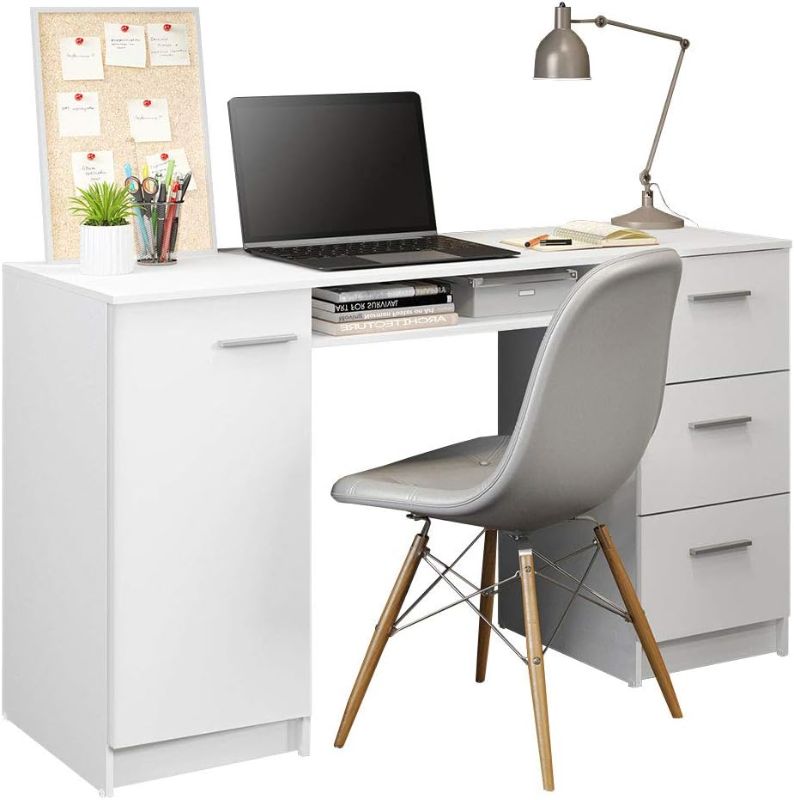 Photo 1 of  Madesa Modern Office Desk with Storage Drawers 53 inch, Study Desk for Home Office, Simple Style PC Table with 3 Drawers, 1 Door and 1 Storage Shelf (White)
