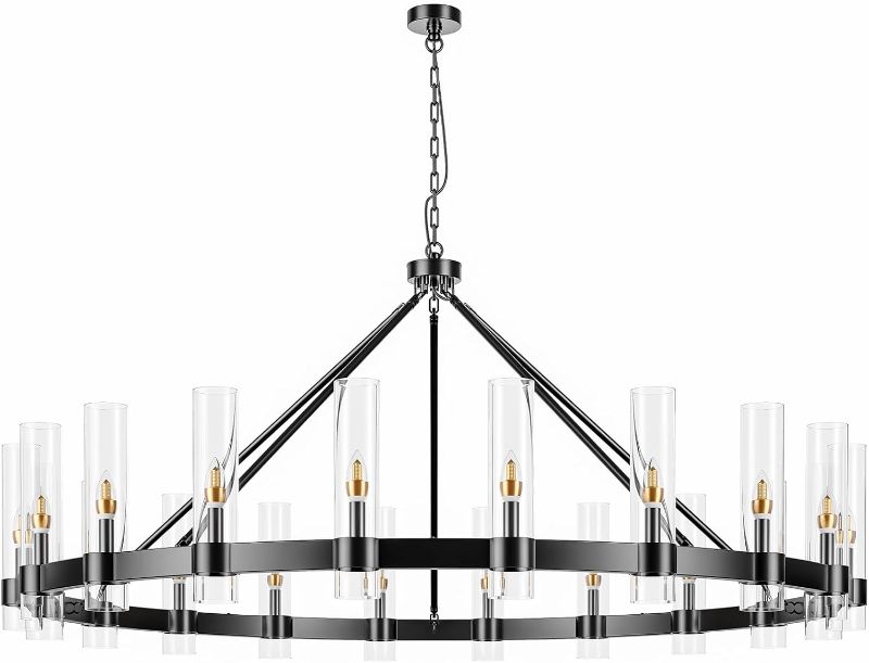 Photo 1 of 20-Lights Black Wagon Wheel Chandelier Modern Farmhouse with Glass Shade, 60 Inch Large Round Industrial High Ceilings Pendant Lighting Fixture for Dining Living Room, Kitchen Island, Foyer
