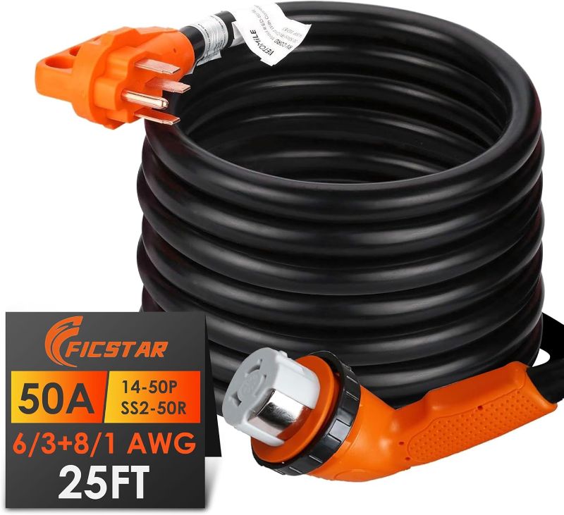 Photo 1 of 50 Amp RV Extension Cord 25 ft, Heavy Duty 6/3+8/1 AWG RV Power Cord with Grip Handle Twist Lock, with LED Indicator?and 125V/250V 50 AMP Twist Lock RV Shore Power Inlet with Weatherproof Boot Kit