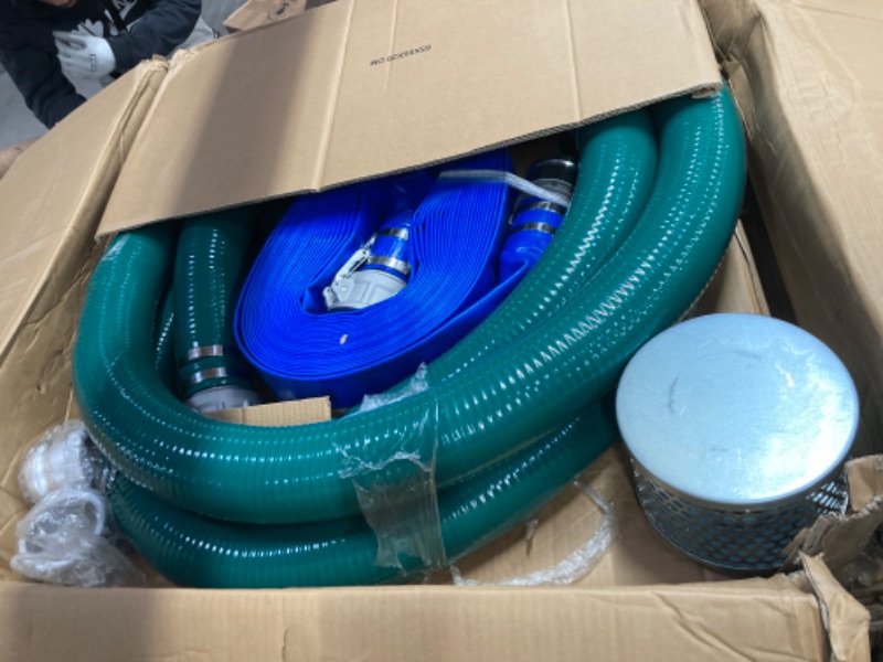 Photo 2 of 3 Inch Suction Hose Pump kit, Includes 3" x 65' Blue PVC Backwash Hose & 3" x 20' Green PVC Suction Hose & Steel Round Hole Suction Strainer & Cam and Groove Adapter,3" Suction Hose Kit for Water Pump