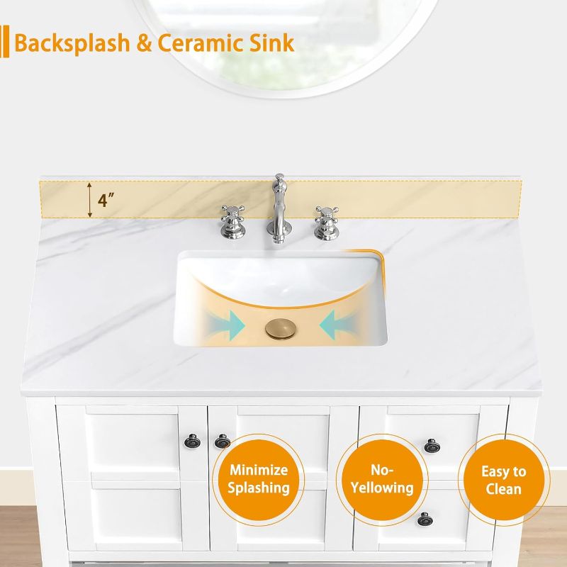 Photo 1 of 42 in. W x 22 in. D Vanity Top, Engineered Stone Vanity Top with Sink in Venice White, Rectangular Center Sink Top, 8 in. Faucet Hole Spacing and Backsplash Bathroom Sink Top