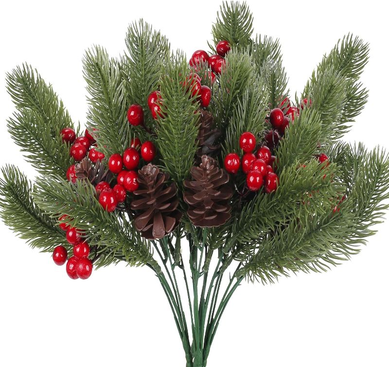 Photo 1 of 4pcs Artificial Christmas Picks Pine Branches Picks Spray with Red Berry Stem Pine Cones for Crafts Christmas Floral Arrangement Christmas Tree Ornaments Winter Holiday Season Decor.