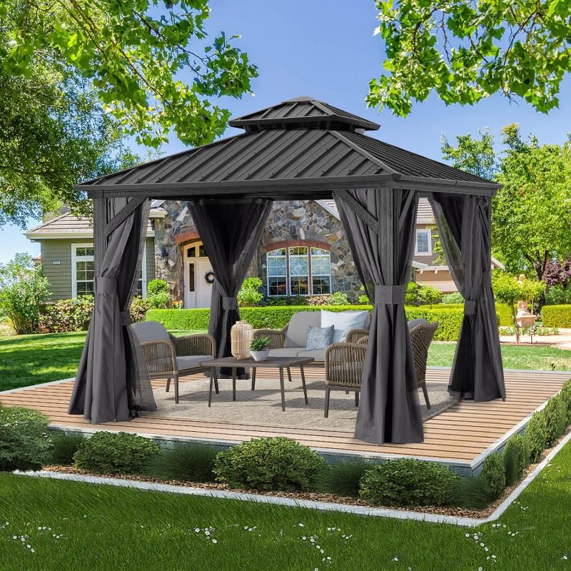 Photo 1 of **SEE NOTES**
Hardtop Gazebo 10x10 - Outdoor Metal Hard Top Gazebo, Permanent Galvanized Steel Aluminum Framed Pavilion with Netting and Curtain for Patio Backyard Lawn Garden