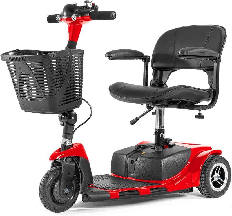 Photo 1 of 3 Wheel Mobility Scooters for Adults, Foldable Mobility Scooter for Seniors, Powered Electric Scooter with Basket, Heavy Duty Mobile for Travel, Elderly - Long Range Power Extended Battery (Red)