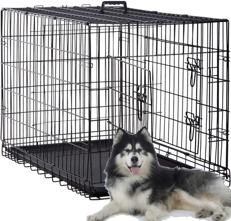 Photo 1 of 48 Inch Large Dog Crate Dog Kennel Cage Metal Wire Crates Pet Cages Double-Door Foldable Kennels with Handle and Plastic Tray Indoor&Outdoor,Black