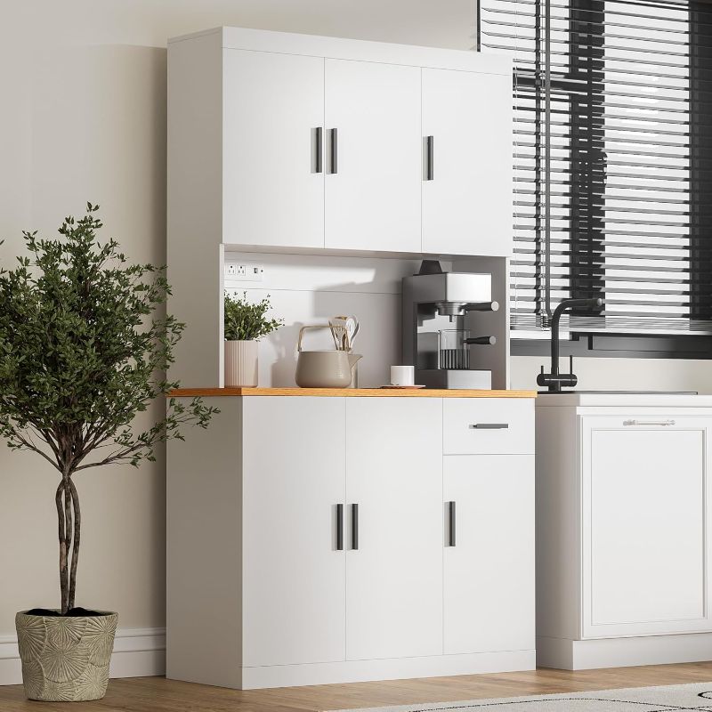 Photo 1 of **see notes**
White Kitchen Pantry Cabinet, 71" Tall Kitchen Storage Cabinet with Power Outlet, Freestanding Kitchen Hutch with countertop