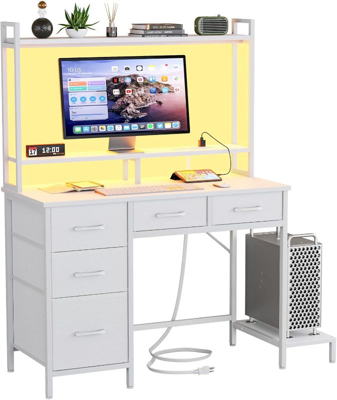 Photo 1 of Computer Gaming Desk with Hutch, Home Office Desk with Power Outlets, LED Light, 5 Storage Drawers, 2 Tiers Shelves for Display, 39 Inch Modern Study Writing Table for Bedroom, White