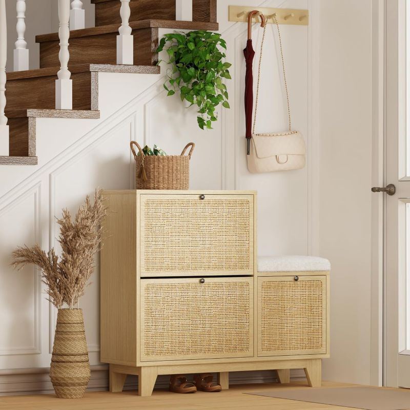 Photo 1 of 3 Flip Drawers Natural Rattan Shoe Storage Cabinet with Boucle Bench - Boho Shoes Cabinet Entryway with Mdf Wood - Decorative Shoe Rack Organizer with Drawer for Boots and Heels for Hallway