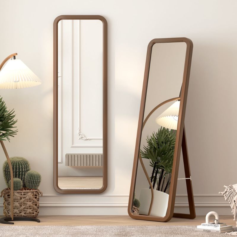 Photo 1 of 63"×18” Wooden Full Length Mirror, Standing Full Body Dressing Mirror, Floor Mirror, Solid Wood Frame, Rounded Corner, Stand Up or Wall-Mounted, Walnut