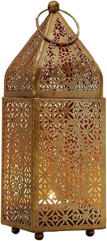 Photo 1 of ***hanging lantern not exactly as pictured*** Serene Spaces Living Moroccan Lightweight Thin Gold Ornate Candle Lantern, Antique Gold Lantern, Decorative Candle Holders, Indian Wedding, Eid, Ramadan, 2.75" Diameter & 8.5" Tall, 