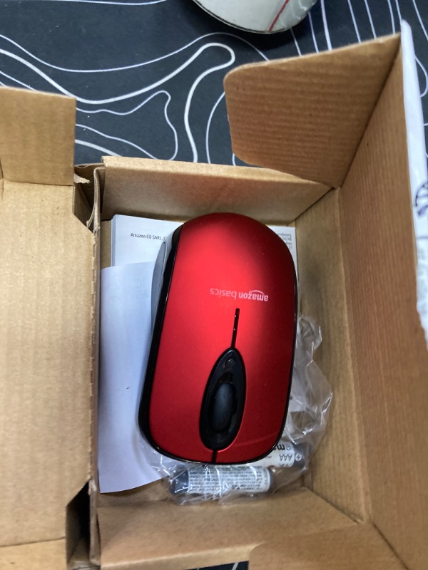 Photo 2 of Amazon Basics 2.4 GHz Optical Wireless Mouse for Laptop and Computer, USB Nano Receiver, Red