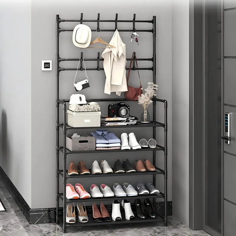 Photo 1 of 3-in-1 Entryway Coat Rack with Shoe Rack, 31*10*65 inches Coat Clothes Rack Shoe Storage Bench, Multipurpose Hat and Shoe Storage Rack with 5-Tier 8 Hooks, Suitable for Hat, Clothes, Shoes, Key