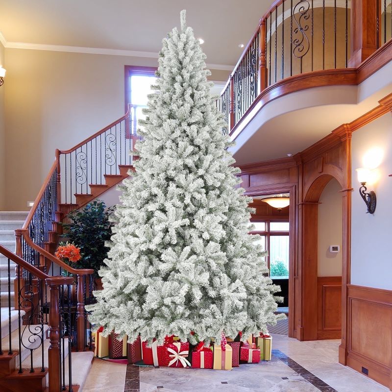 Photo 1 of 9ft Snow Flocked Christmas Tree with 2028 Tips, Artificial Snowy Xmas Pine Tree with Reinforced Metal Base for Home Office Party Holiday Decorations ,White(NO light)
