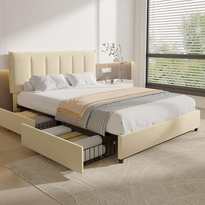 Photo 1 of ***BOX 2 OF 2, MISSING 1*** VECELO Full Upholstered Bed Frame with 4 Storage Drawers and Adjustable Velvet Headboard, Heavy-Duty Platform bedframe, No Box Spring Needed, Beige
