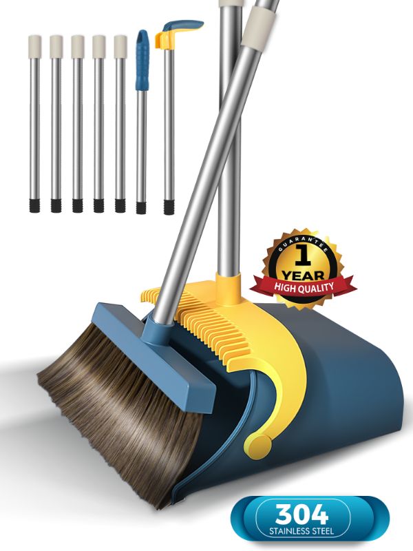 Photo 1 of ***BROKEN DUSTPAN AND HANDLE*** BIMZUC Upgrade 51.2'' Broom and Dustpan Set,Self-Cleaning with Dustpan Teeth,Broom and Dust Pan Combo-Blue
