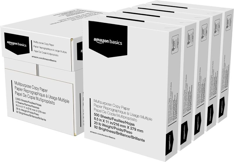 Photo 1 of Amazon Basics Multipurpose Copy Printer Paper, 2500 Sheets, 92 Bright, White
