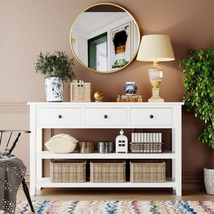 Photo 3 of Antique White Console Table Solid Wood Accent Table Rectangle Top Table