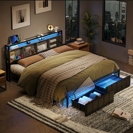 Photo 1 of Bestier King Size Platform Bed Frame with PU Leather Storage Headboard LED Lights Charging Station 2 Dust-proof Drawers Black
