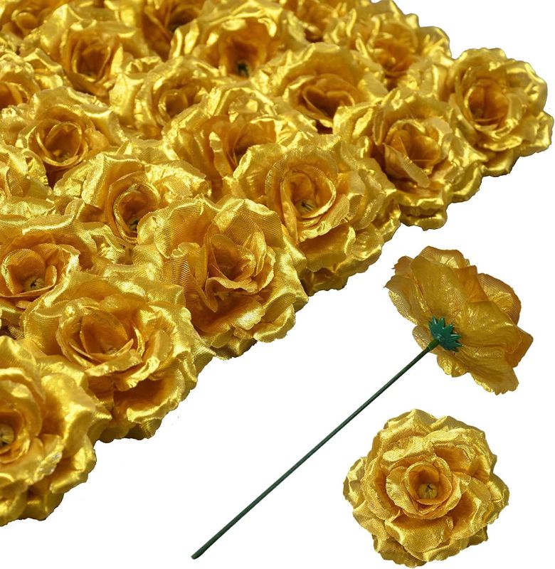 Photo 2 of 20 Pack Gold Roses Artificial Flowers Bulk,Fake Rose 3 Inches and 6 Inches Stem?Used for Wedding Decoration DIY Handmade Flowers Silk (Gold)