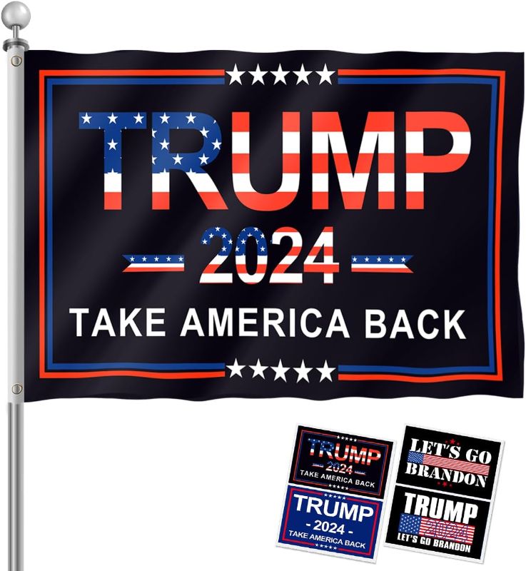 Photo 1 of Trump 2024 Flag, 3x5 Feet Trump Flag 2024 Take American Back with 4 Pcs Trump 2024 Sticker, Trump Flags American Flag with Brass Buttonhole Trump Flag for Outdoor Room (Black)
