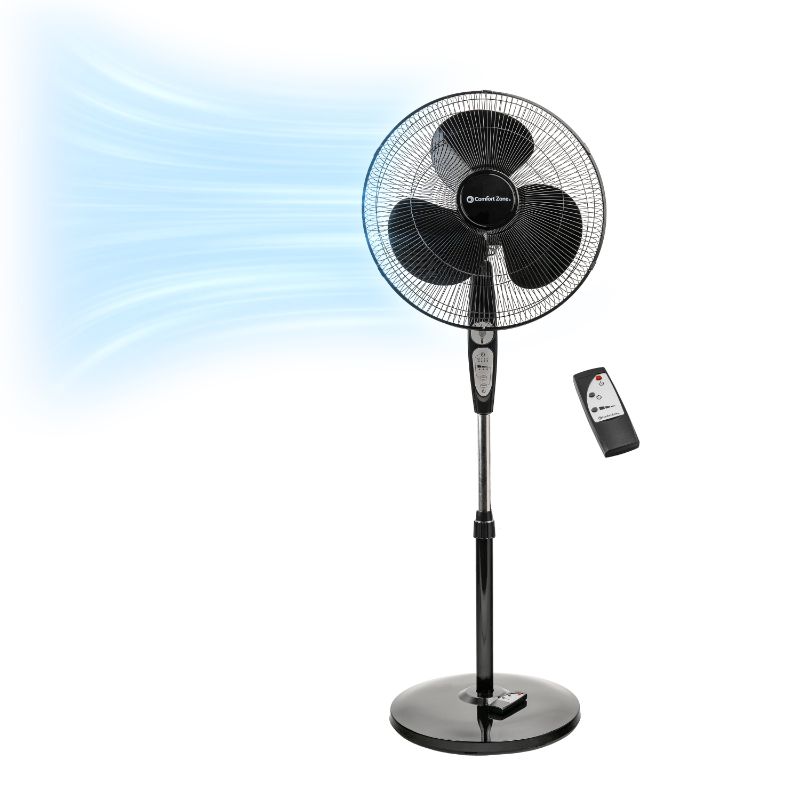 Photo 1 of Comfort Zone 18” 3-Speed Oscillating Pedestal Fan with Remote Control, Adjustable Height, Adjustable Tilt, and Built-in Timer for Auto Shutoff, Black