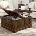Photo 1 of 36" Movable Lift Top Coffee Table with Storage & Power Outlets, Farmhouse Square Coffee Table w/Wheels & Large Hidden Space, Wooden Center Table for Living Room(Brown/36")