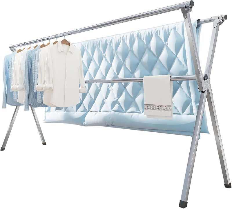Photo 1 of Clothes Drying Rack 95 Inches Folding Outdoor Indoor, Drying Rack Clothing Collapsible, Foldable Laundry Drying Rack, Heavy Duty Stainless Steel Clothesline, 20 Hooks 12 Clips