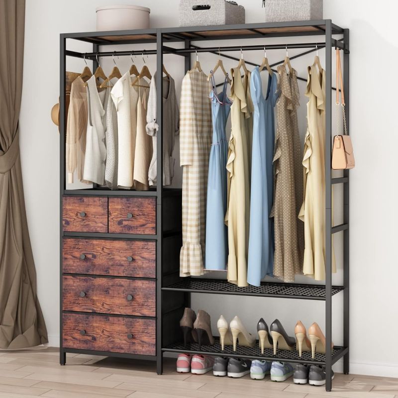 Photo 1 of Clothes Rack with 5 Drawers & 4 Storage Shelves, 59.1W*70.9H Heavy Duty Clothing Rack with 2 Hanging Rods, Wardrobe Closet Organizer System with 5 Hooks, Freestanding Garment Rack (Rustic)