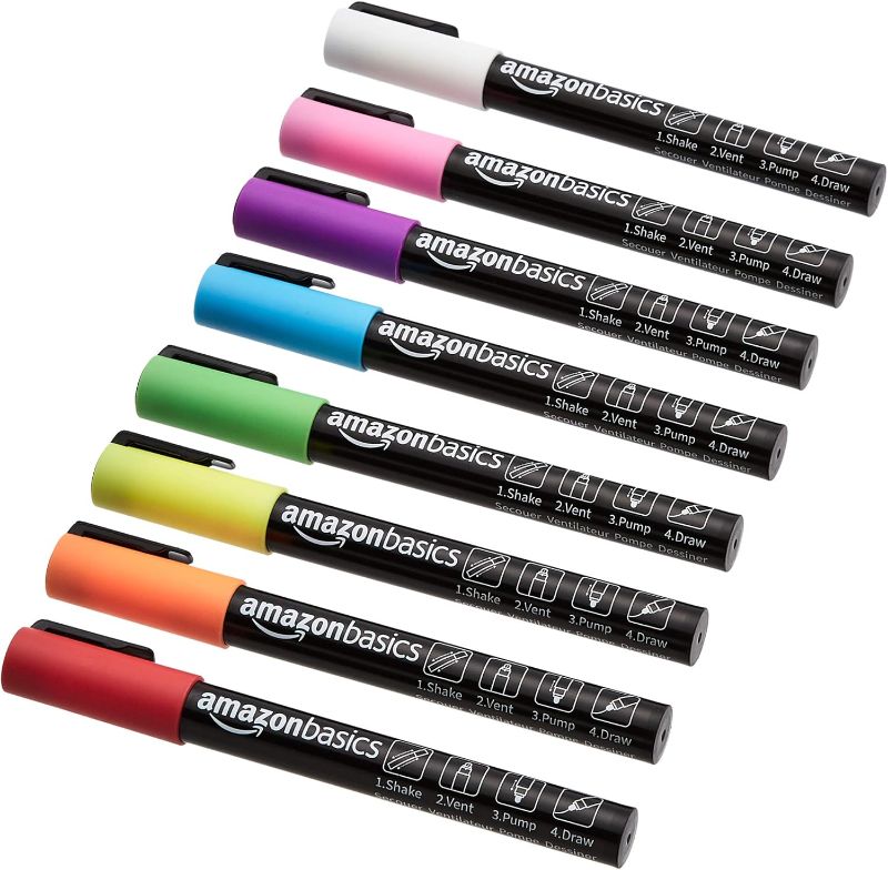 Photo 1 of Amazon Basics Bullet/Chisel Reversible Tip Chalk Markers, Fine Point, 8-Pack, Bright Colors