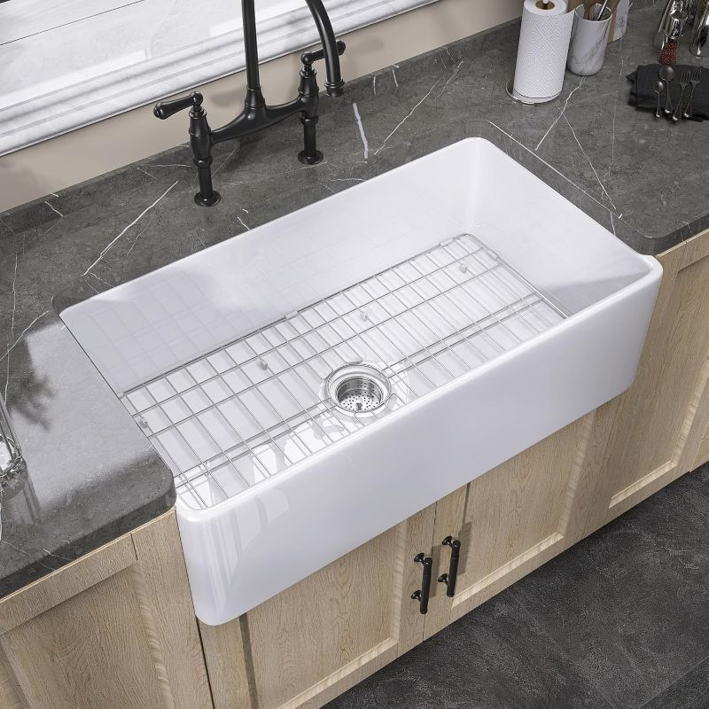 Photo 1 of Farmhouse Sink 30 X 20 Fireclay White Farm Sink Undermount Kitchen Sink Single Bowl Extra Wide Apron Sink Big Capacity Modern White Sink with Protective Bottom Grid and Staine