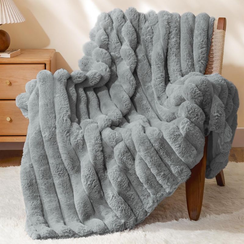 Photo 1 of BEDELITE Faux Fur Throw Blanket for Couch, Soft and Cozy Luxurious 3D Striped Fluffy Blanket, 770GSM Thick Warm Plush Fuzzy Faux Rabbit Fur Blanket for Fall and Winter (Crey, 50"x 60")