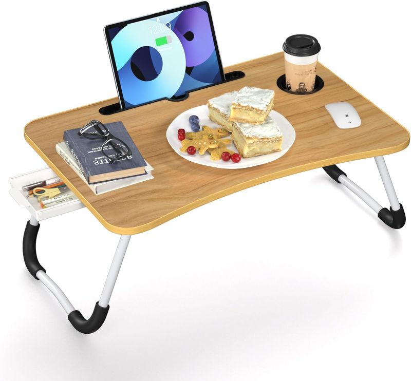 Photo 1 of Foldable Laptop Bed Table Tray - Folding Lap Desk with Cup Holder - Portable Serving Breakfast Tray with Storage Drawer/Tablet Stand/for Working, Writing, and Eating on Bed, Sofa, or Floor - Natural