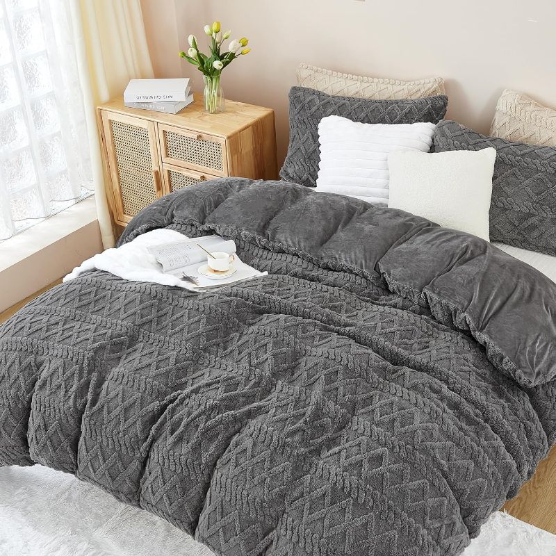 Photo 1 of Andency Gray Sherpa Duvet Cover Set King Size, 3 Pieces Fluffy Fuzzy Faux Fur Bedding Comforter Cover, Warm Plush Fleece Shaggy Casual Boho Bed Cover for Winter