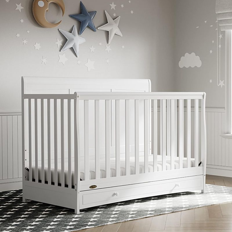 Photo 1 of Graco Asheville 5-in-1 Convertible Crib with Drawer (White) – GREENGUARD Gold Certified, Crib with Drawer Combo, Full-Size Nursery Storage Drawer, Converts to Toddler Bed, Daybed and Full-Size Bed