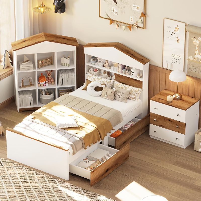 Photo 1 of BOVZA 3-Piece Kids Bedroom Set, Twin Size House-Shaped Bed with Storage Headboard and Drawers, Colorblock Nightstand and 9-Compartment Book Shelf, for Boys and Girls, Brown & White