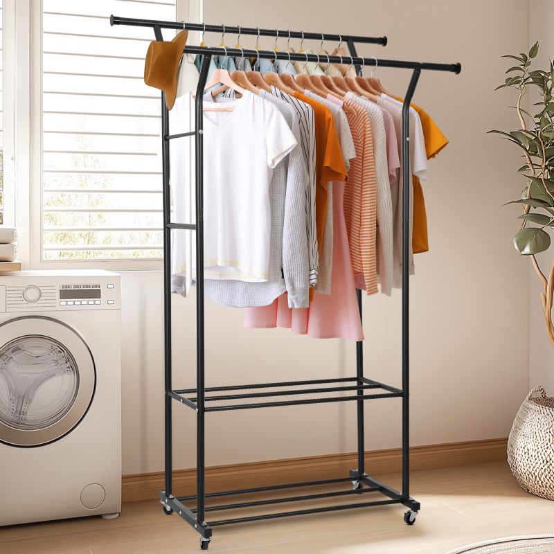 Photo 1 of 350LBS Double Rail Clothes Rack Heavy Duty 2 Tier Shelves Garment Rack 360° Rotate Large Rolling Clothing Rack With Wheel Brakes Thick Storage Shelf for Home Hanging