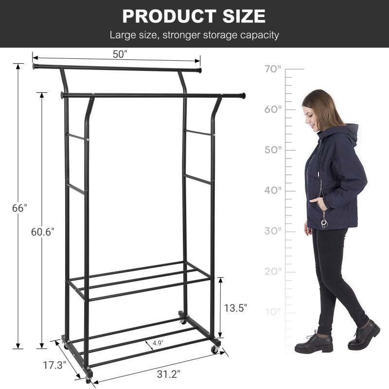 Photo 2 of 350LBS Double Rail Clothes Rack Heavy Duty 2 Tier Shelves Garment Rack 360° Rotate Large Rolling Clothing Rack With Wheel Brakes Thick Storage Shelf for Home Hanging