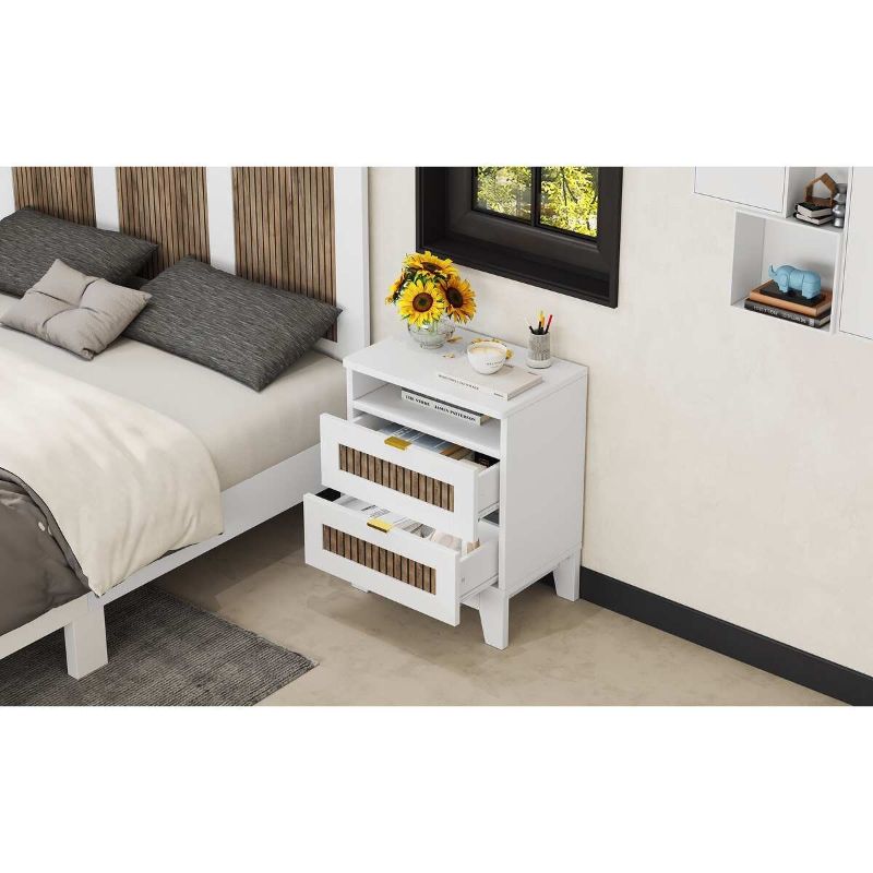 Photo 1 of 2-Drawer Farmhouse Wooden Nightstand with Wooden Strip Decoration