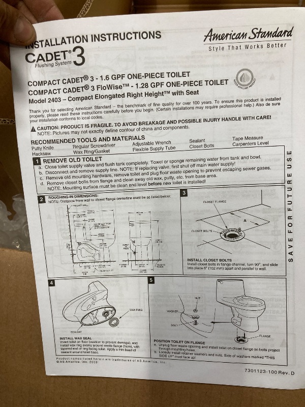 Photo 3 of American Standard 2403128.020 Cadet 3 One Piece Compact Toilet, Left Hand Trip Lever, White