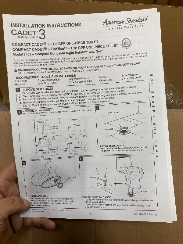 Photo 3 of American Standard 612AA001.020 Compact Cadet 3, One-Piece Toilet with Slow-Close Seat and Wax Ring, Elongated Front, Left-Hand Flush, White, 1.28 gpf