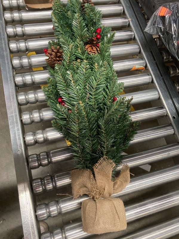 Photo 2 of 3ft Pre- Mini Christmas Tree,Artificial Pine 121 PVC Branches Tips with 11 Red Berries & 11 Pinecone & 70 LED String Lights & Burlap Wrapped Base Decor Xmas Tree for Tabletop,Battery Operated