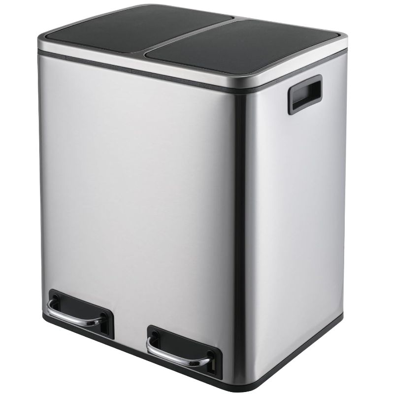 Photo 1 of 8 Gallon Dual Trash Can, 30L(2X15L) Stainless Steel Kitchen Garbage Can, Step-on Classified Recycle Garbage Bin with Removable Inner Buckets, for Kitchen, Living Room, Office (Silver)