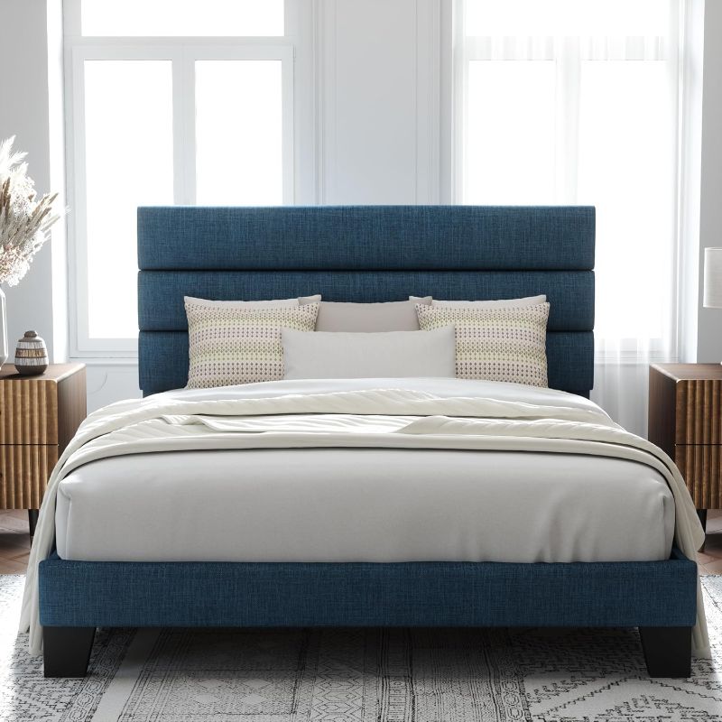 Photo 1 of Allewie Full Size Platform Bed Frame with Fabric Upholstered Headboard and Wooden Slats Support, Fully Upholstered Mattress Foundation/No Box Spring Needed/Easy Assembly, Navy Blue