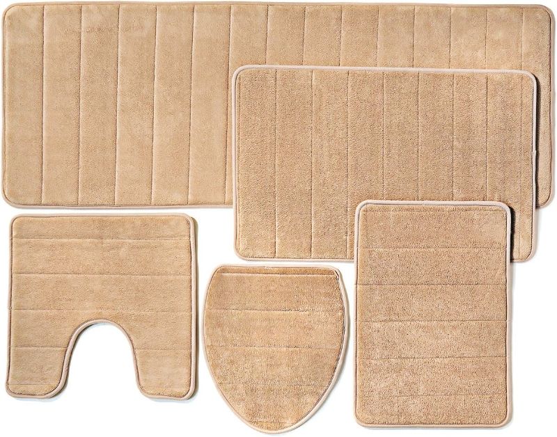 Photo 1 of ? Bath Mats 5-Piece Set Thick Memory Foam - Close Out? Bathroom Rugs Set, Toilet Rug, Water Absorbent, Extra Soft, Non-Slip Back (Beige)
