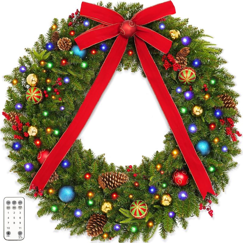 Photo 1 of **SEE NOTES**
48 Inch Christmas Wreath, Pre Lit Christmas Wreath with 200 Lights, Red Bow, Ornament Balls, Remote Control, 11 Light Modes, Giant Christmas Wreaths Perfect for Garage Porch Roof Fireplace Outdoor
