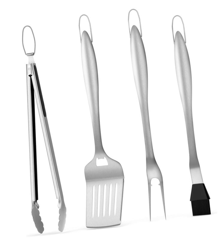 Photo 1 of 4PCS Stainless Steel Grill Utensils Heavy Duty Grill Tools Set, , Features Spatula, Fork, Tongs and Basting Brush, Perfect for Barbecue & Grilling, Dishwasher Safe
