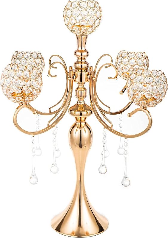 Photo 1 of 5 Arms Gold Candelabra Centerpiece 26 Inches Tall Chandelier Crystal Beaded Candle Holders for Table Centerpiece, Wedding Party Dinner Formal Events Gifts (Gold)
