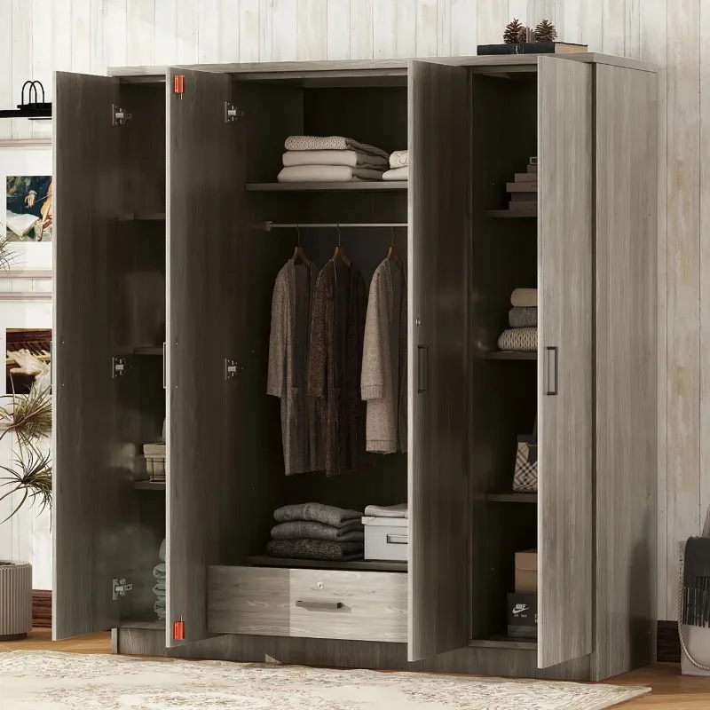 Photo 1 of 4-Door Wardrobe Cabinet Closet with Storage Shelves and 1 Drawer &Hanging Rail ,Bedroom Organizer, Grey